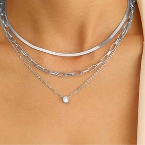 SILVER 14k White Gold Plated Snake 3pc Chain Necklace Set